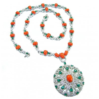 Serenity - 72.5 carat genuine Coral Emerald .925 Sterling Silver handmade Statement necklace
