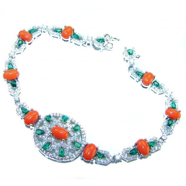 Serenity - 72.5 carat genuine Coral Emerald .925 Sterling Silver handmade Statement Bracelet
