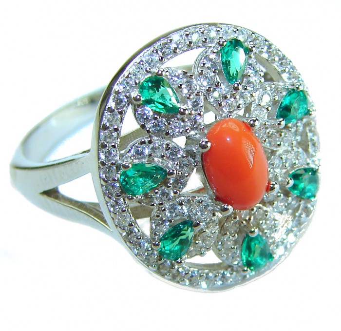 Serenity - 10.5 carat genuine Coral Emerald .925 Sterling Silver handmade ring s. 8