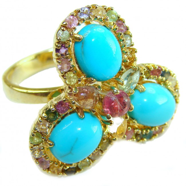 Rare 26.5 carat Sleeping Beauty Turquoise 18K Gold over .925 Sterling Silver handcrafted Large ring; s. 7 1/4