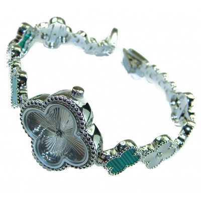 Precious Lucky Four Leaf Clover Authentic Malachite .925 Sterling Silver handmade Bracelet Watch