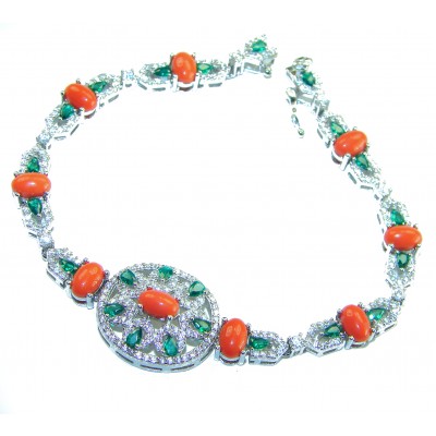 Serenity - 72.5 carat genuine Coral Emerald .925 Sterling Silver handmade Statement Bracelet