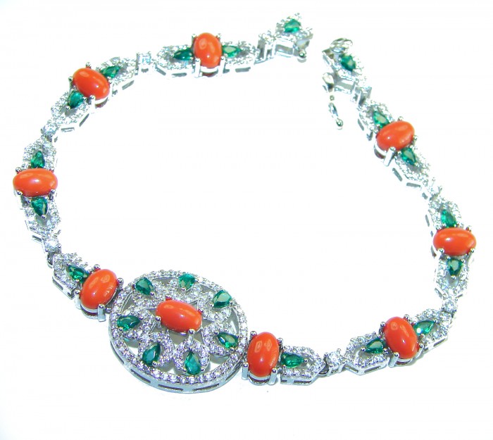Serenity - 72.5 carat genuine Coral Emerald .925 Sterling Silver handmade Statement Bracelet