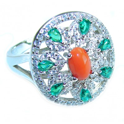Serenity - 10.5 carat genuine Coral Emerald .925 Sterling Silver handmade ring s. 7 1/2