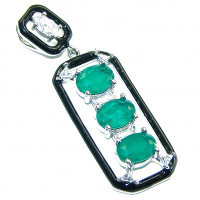 Art Deco Emerald black enamel .925 Sterling Silver handmade Pendant