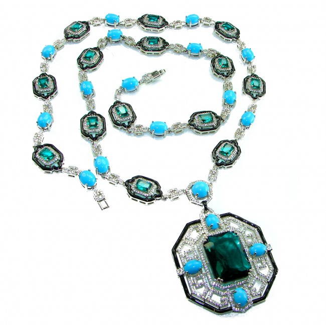 Art Deco - Pacifica - 168.4 carat Turquoise Aquamarine .925 Sterling Silver handmade Statement necklace; 24 inches long