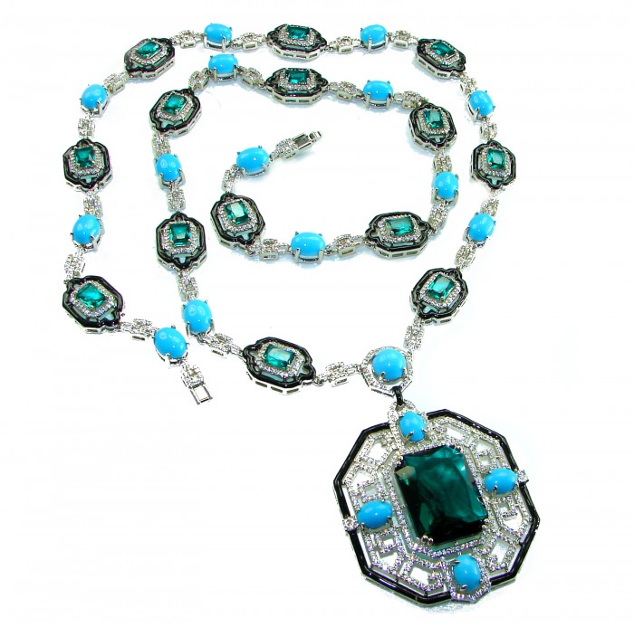 Art Deco - Pacifica - 168.4 carat Turquoise Aquamarine .925 Sterling Silver handmade Statement necklace; 24 inches long