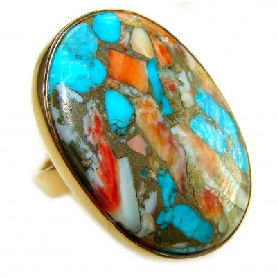 Rare 26.5 carat Oyster Turquoise 18K Gold over .925 Sterling Silver handcrafted Large ring; s. 8 adjustable
