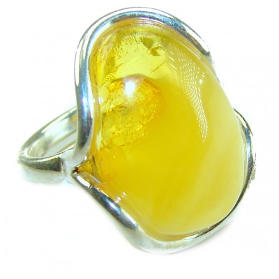 Authentic Golden Butterscotch Baltic Amber .925 Sterling Silver entirely handcrafted ring; s. 7 adjustable