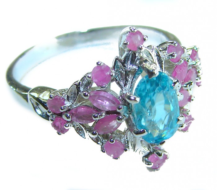 Luxurious 4.5 carat Aquamarine Ruby .925 Sterling Silver handcrafted ring; s. 8