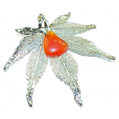 Rain Drop REAL Leaf dipped in Sterling Silver 9.8 carat Golden Opal & .925 Sterling Silver Pendant