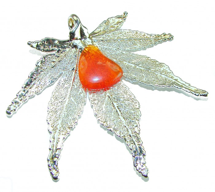 Rain Drop REAL Leaf dipped in Sterling Silver 9.8 carat Golden Opal & .925 Sterling Silver Pendant