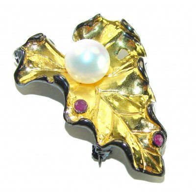 Natural Leaf Pearl 14K Gold black rhodium over .925 Sterling Silver handmade Brooch