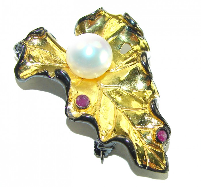 Natural Leaf Pearl 14K Gold black rhodium over .925 Sterling Silver handmade Brooch
