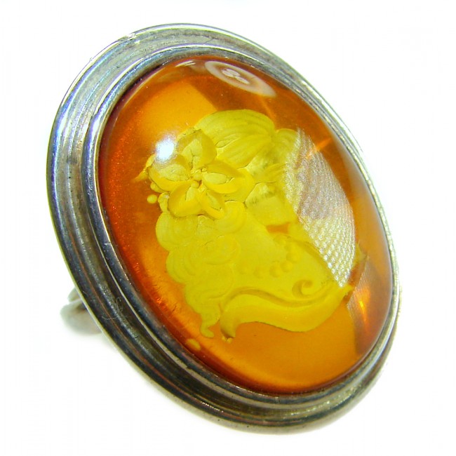 Beautiful Authentic carved Cameo Baltic Amber .925 Sterling Silver handcrafted ring; s. 8