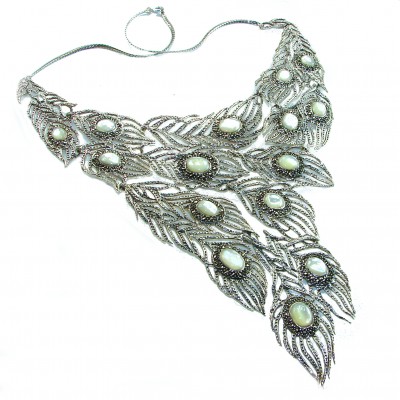 HUGE 102.9 grams Peacock Feather design genuine Blister Pearl .925 Sterling Silver handcrafted Necklace