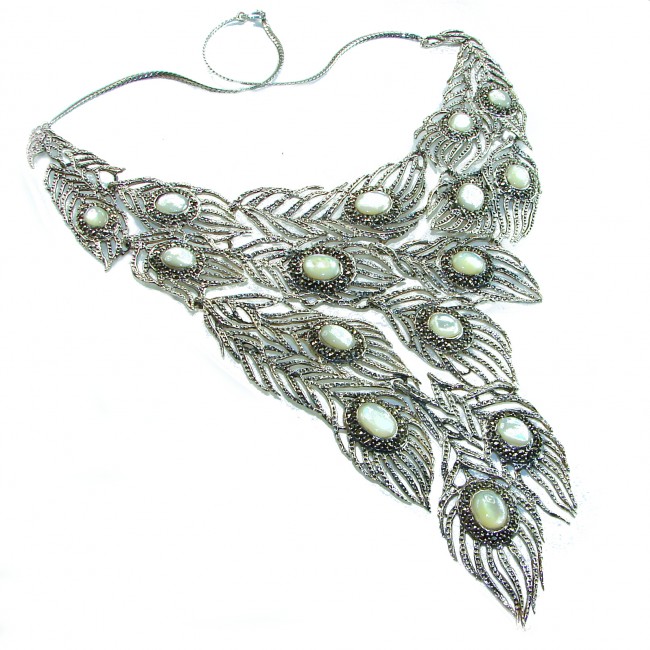 HUGE 102.9 grams Peacock Feather design genuine Blister Pearl .925 Sterling Silver handcrafted Necklace