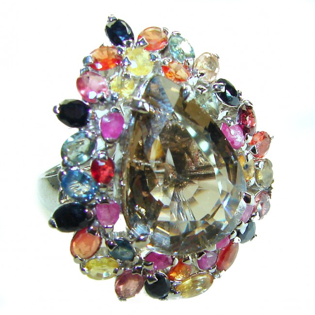 Celestial peace 29.5 carat Champagne Smoky Topaz Sapphire .925 Sterling Silver HUGE Ring size 7 1/4