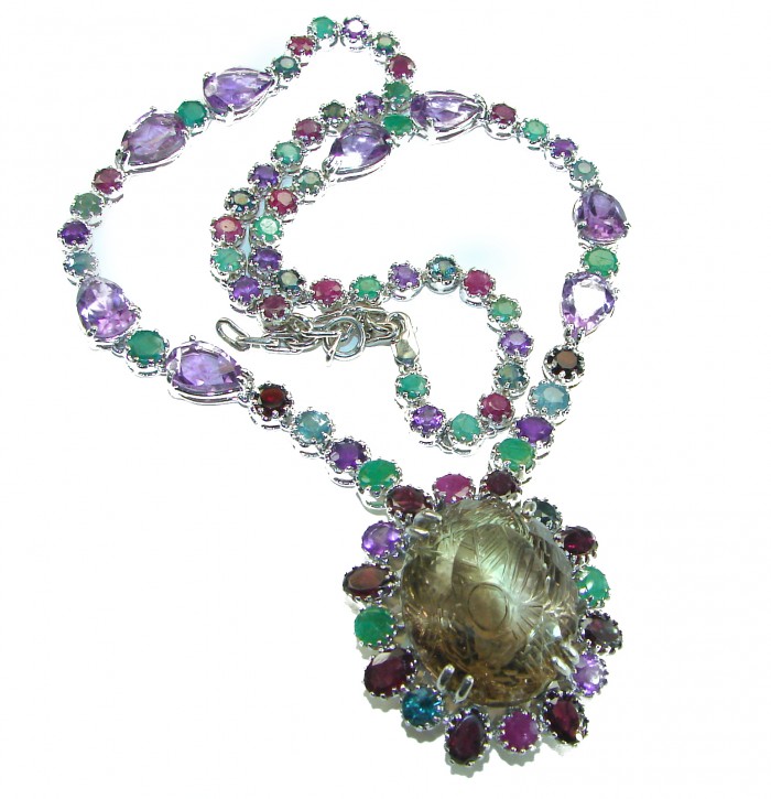 Outstanding carved 145.5 carat Smoky Topaz .925 Sterling Silver handcrafted Statement necklace