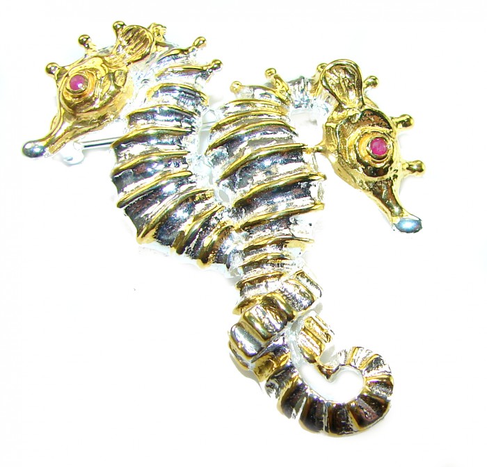 Two Seahorses Excellent 0.5 carat Ruby 14K Gold over .925 Sterling Silver handcrafted Pendant Brooch