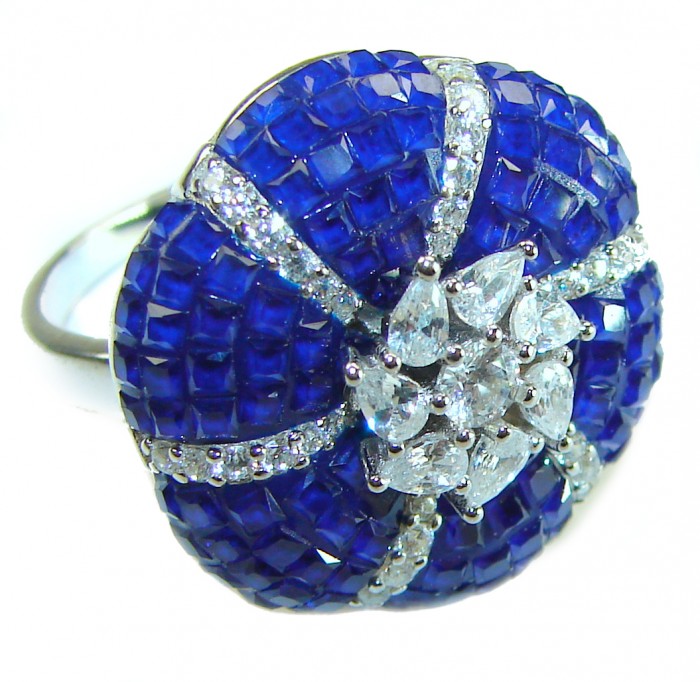 Blue Flower Authentic 12.2 carat Sapphire .925 Sterling Silver handcrafted Ring size 6 1/4