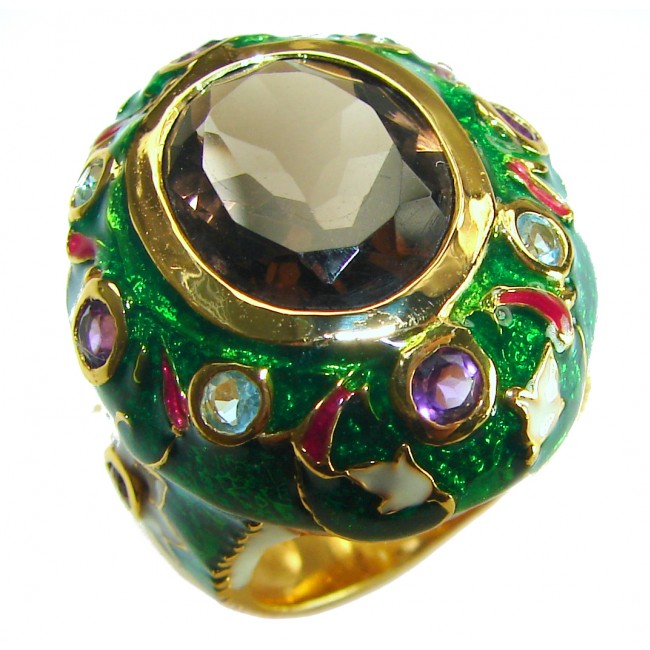Serenity 18.5 carat Champagne Smoky Topaz Ruby green enamel 18K Gold over .925 Sterling Silver HUGE Ring size 7
