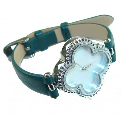 Precious 18.5 carat Authentic Four Leaf Clover Blister Pearl Genuine Leather strap .925 Sterling Silver handmade Watch