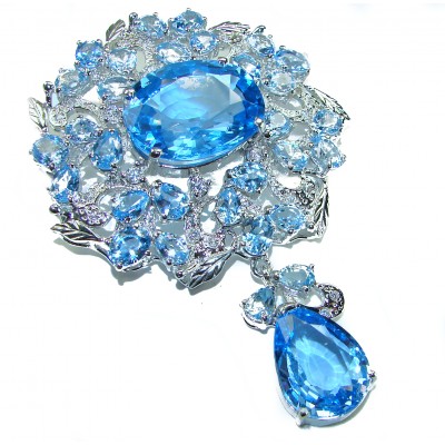 An exuberantly Large 64.9 grams Vintage style Swiss Blue Topaz .925 Sterling Silver handmade LARGE Pendant - Brooch
