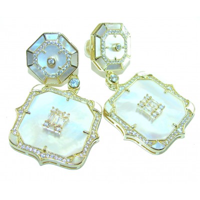 Sublime Blister Pearl 1.2 carat White Sapphire 14K Gold over .925 Sterling Silver handcrafted Earrings