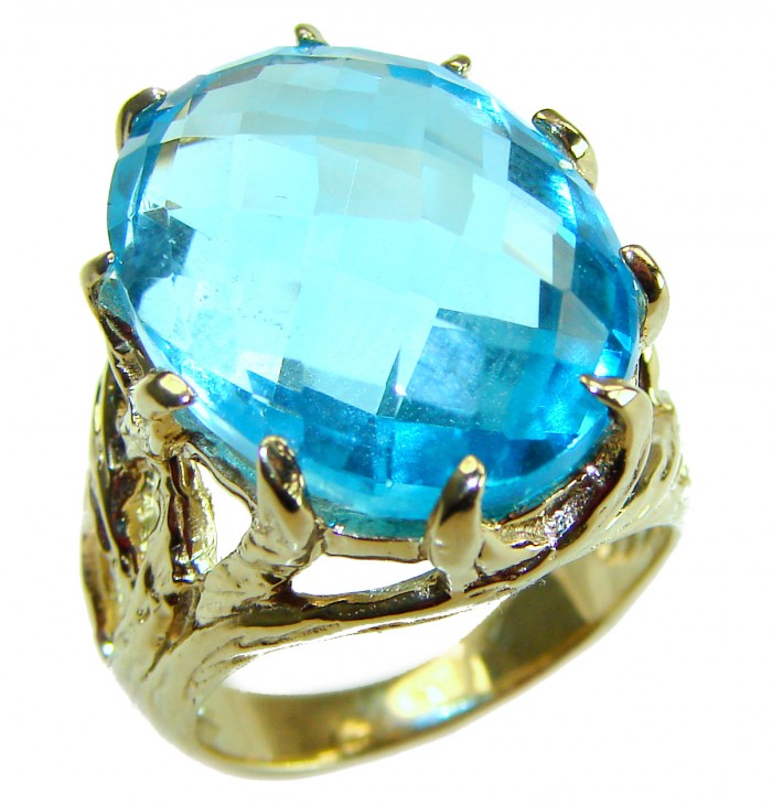 Rare finding - Costa del Sol 33.8 carat Swiss Blue Topaz 18K Gold over .925 Sterling Silver Handcrafted Large Statement Ring size 7