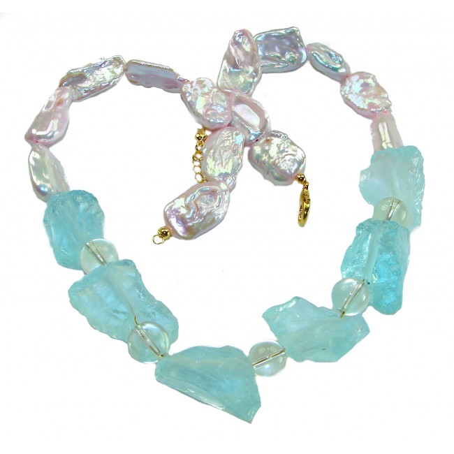 Sky and Ocean authentic rough Aquamarine Mother of Pearl 10k Gold over .925 Sterling Silver handcrafted STATEMENT Necklace