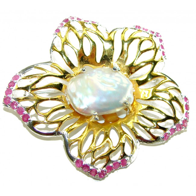 Large Genuine Mother of Pearl Ruby 14K Gold .925 Sterling Silver handmade Pendant Brooch