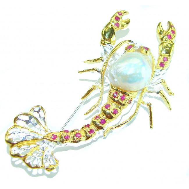 Precious Crayfish Natural Mother of Pearl Ruby 18K Gold over .925 Sterling Silver handmade Pendant Brooch