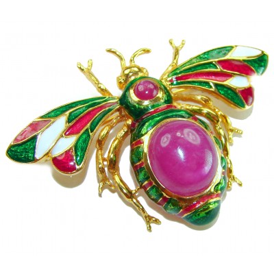 Precious Red Bee genuine 10.2 carat Star Ruby Enamel 18K Gold over .925 Sterling Silver handmade Pendant - Brooch