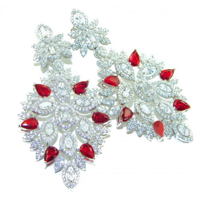 Luxurious - "Affair of the Diamond" - marquise cut 48.9 carat White Topaz Ruby .925 Sterling Silver handcrafted Statement earrings