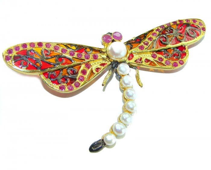 Big Dragonfly Pearl Enamel 18K Gold over .925 Sterling Silver handcrafted Pendant Brooch - video