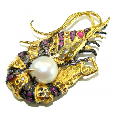 Precious Shrimp genuine Ruby 14k Gold over .925 Sterling Silver handmade Pendant - Brooch