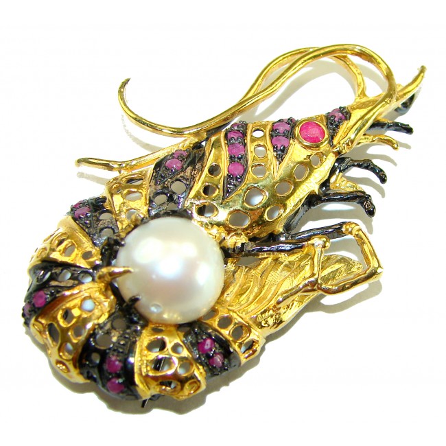 Precious Shrimp genuine Ruby 14k Gold over .925 Sterling Silver handmade Pendant - Brooch