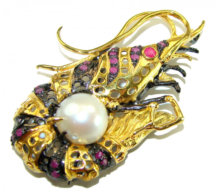 Precious Shrimp genuine Ruby 14k Gold over .925 Sterling Silver handmade Pendant - Brooch
