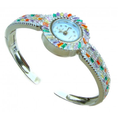 Precious Authentic 33.2 carat multicolor Sapphire .925 Sterling Silver handmade Bracelet Watch