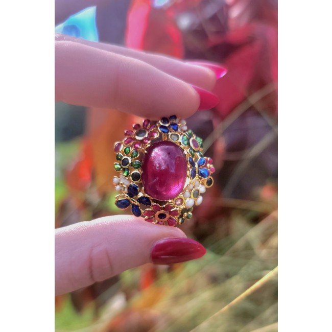 True Passion 18.5 carat Mozambique Ruby Enamel 18K Gold over .925 Sterling Silver Huge handcrafted Ring s. 8