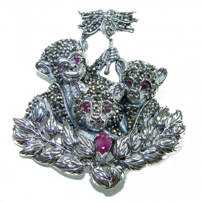 Three Monkeys - Spectacular - Ruby Marcasite .925 Sterling Silver handmade Brooch