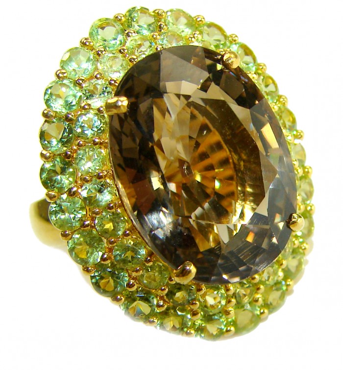 Serenity 18.5 carat Champagne Smoky Topaz 18K Gold over .925 Sterling Silver HUGE Ring size 7