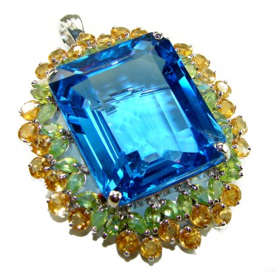 Oceania baquette cut 52.8 carat Swiss Blue Topaz .925 Sterling Silver Handcrafted Pendant Brooch