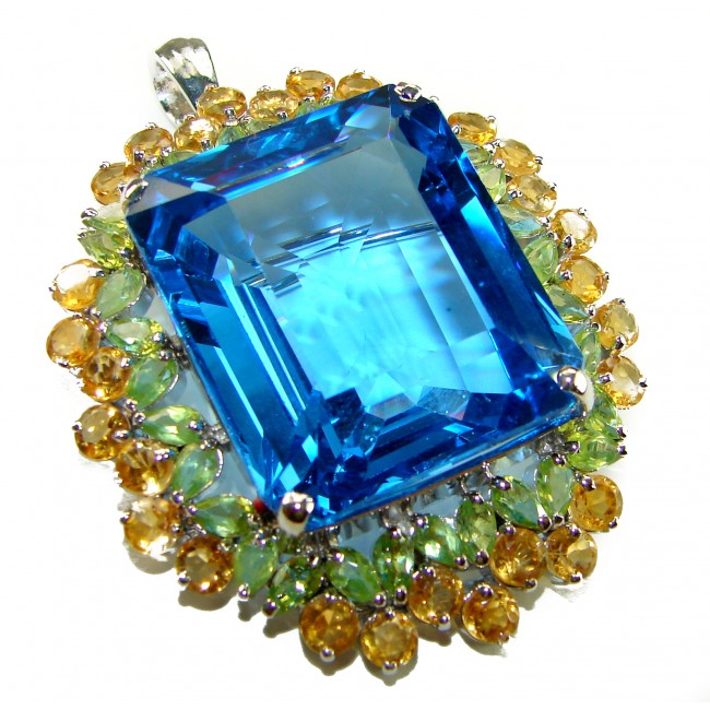Oceania baquette cut 52.8 carat Swiss Blue Topaz .925 Sterling Silver Handcrafted Pendant Brooch