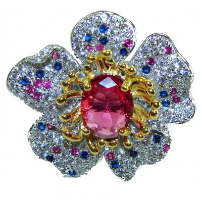 4.2 carat oval cut Brazilian Pink Tourmaline 2 tones .925 Silver handcrafted Cocktail Ring s. 7 adjustable