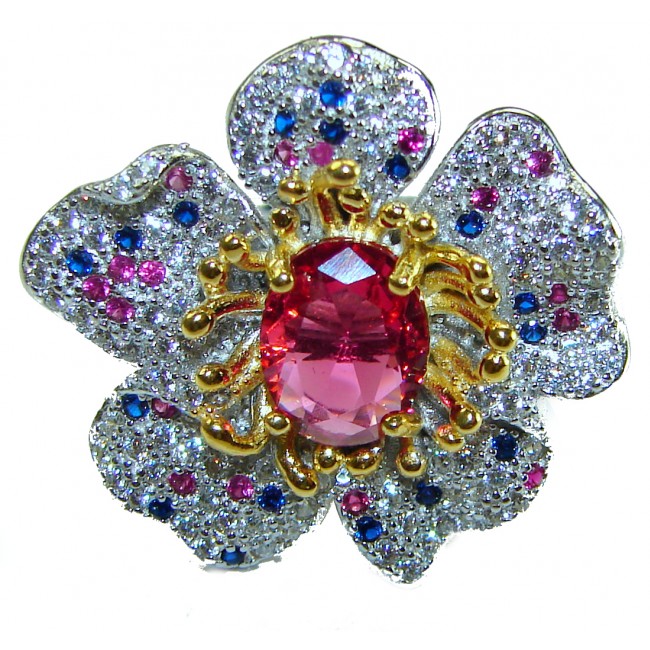 4.2 carat oval cut Brazilian Pink Tourmaline 2 tones .925 Silver handcrafted Cocktail Ring s. 7 adjustable