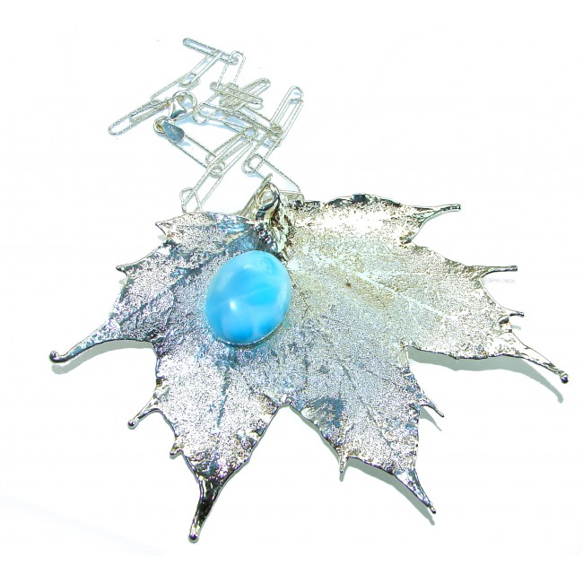 Beautiful Nature 8.2 carat Larimar Real Leaf dipped in Real .925 Sterling silver handcrafted necklace