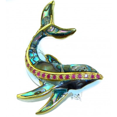 Dolphin Natural Rainbow Abalone Ruby .925 Sterling Silver handmade Pendant Brooch