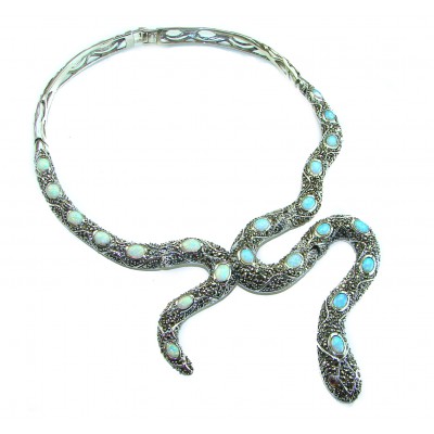 Large Snake genuine 57.8 carat Australian Blue Opal Marcasite .925 Sterling Silver handcrafted necklace